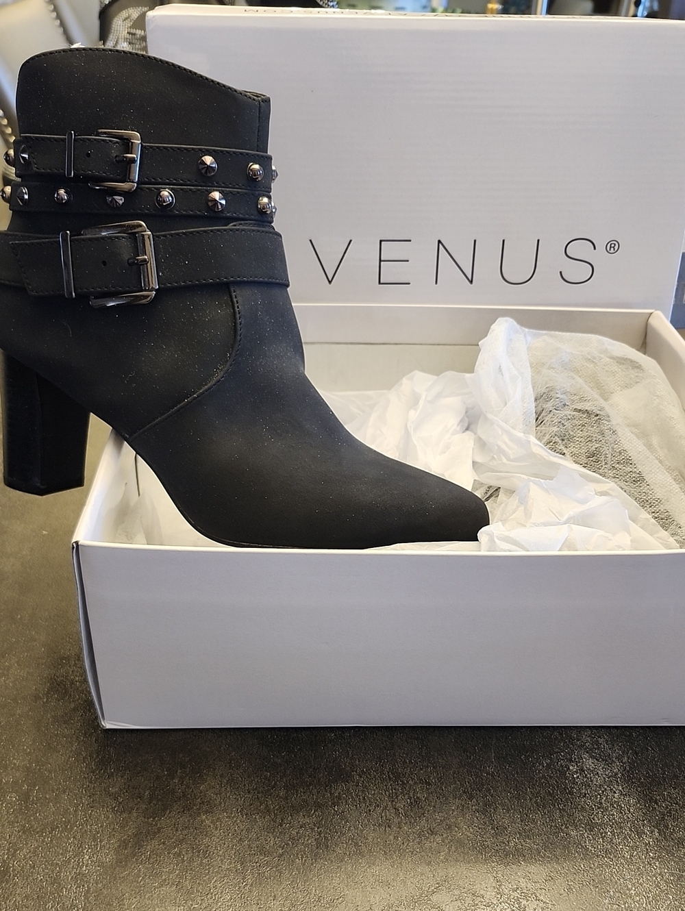 VENUS Black Studded Double-Buckle Ankle Boot
